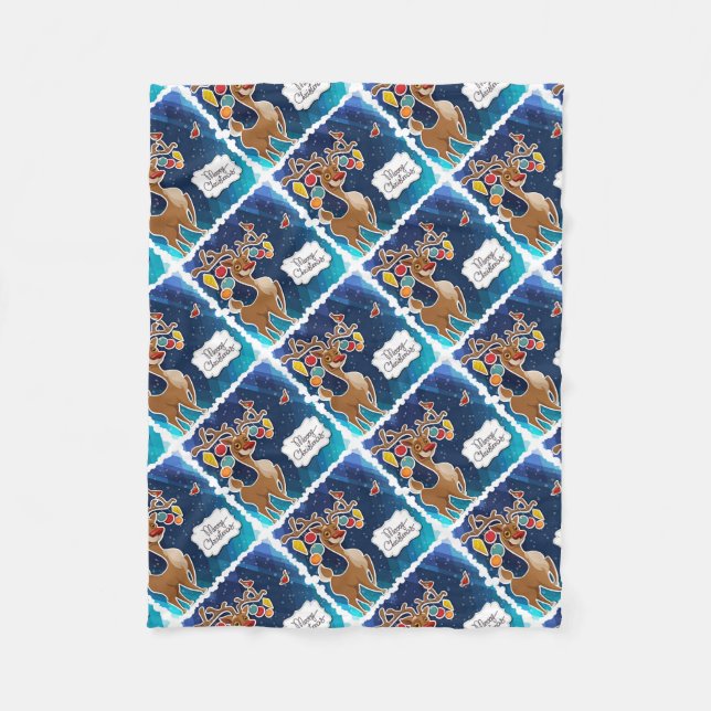 Merry Christmas Prancing Reindeer Fleece Blanket (Front)