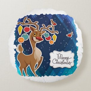 Merry Christmas Prancing Reindeer Round Cushion