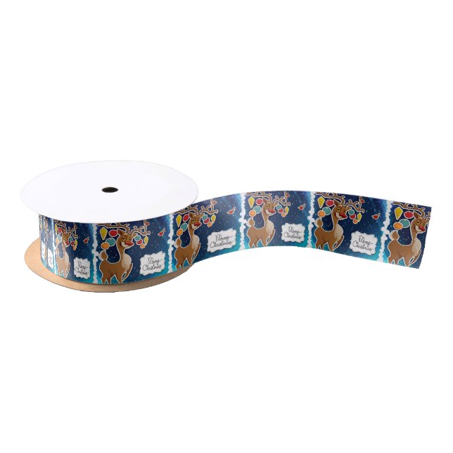 Merry Christmas Prancing Reindeer Satin Ribbon (Spool)