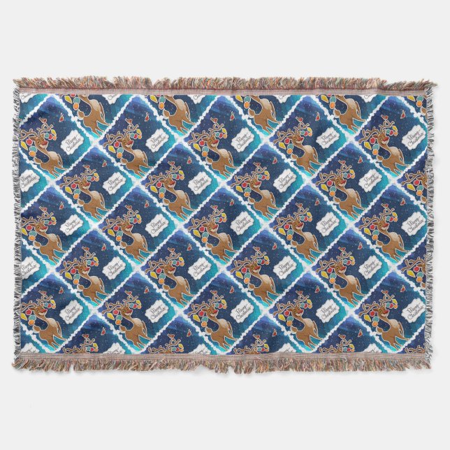 Merry Christmas Prancing Reindeer Throw Blanket (Front)