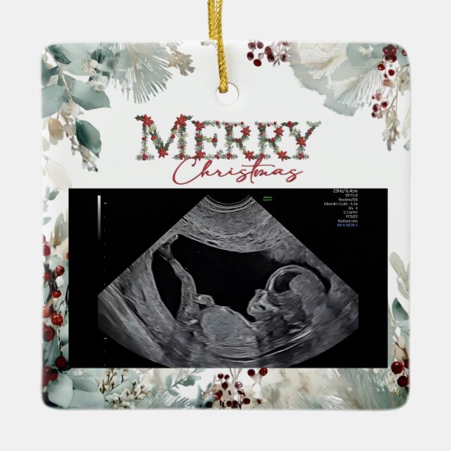 Merry Christmas Pregnancy Ultrasound Ceramic Ornament (Front)