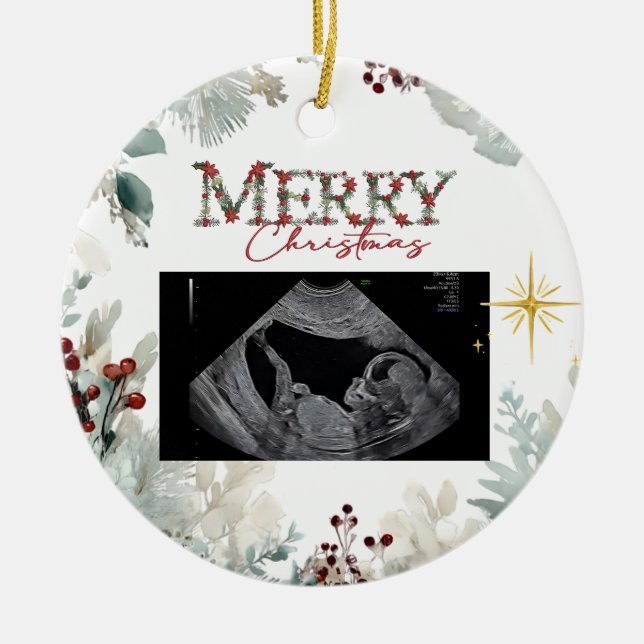 Merry Christmas Pregnancy Ultrasound Ceramic Tree Decoration (Front)