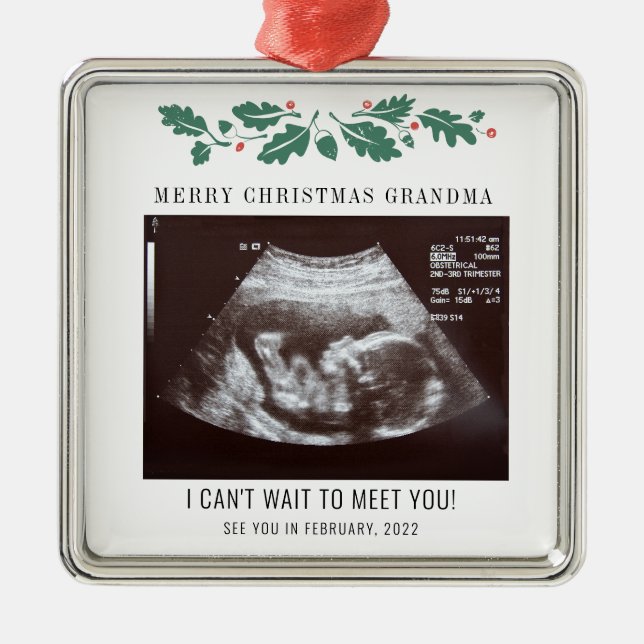 Merry Christmas Pregnancy Ultrasound Photo Grandma Metal Tree Decoration (Front)