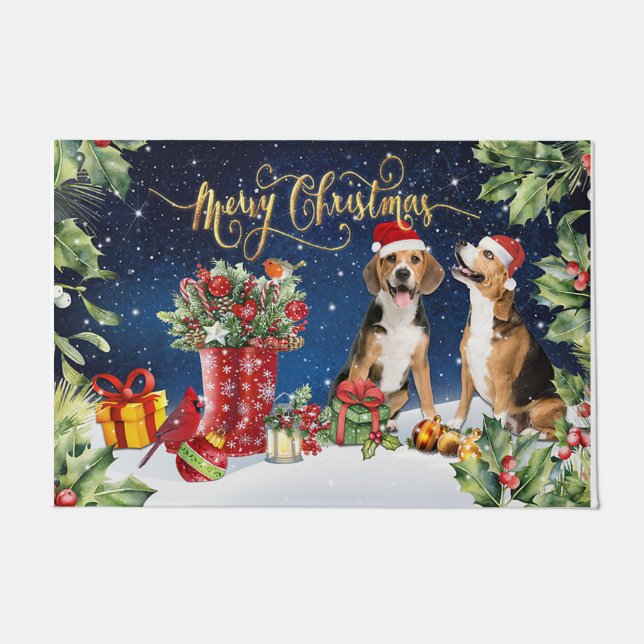 Merry Christmas Present, Xmas Dogs Doormat (Front)
