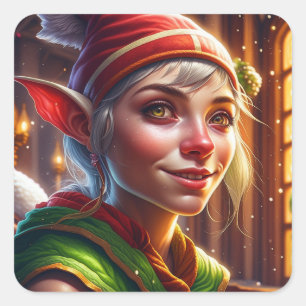 Merry Christmas Pretty Elf Square Sticker