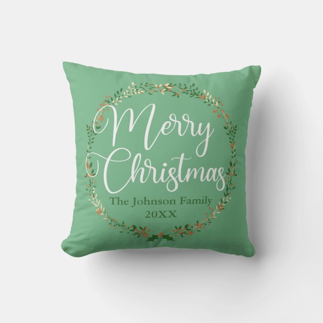 Merry Christmas Pretty Green Wreath Custom Family Cushion (Front)