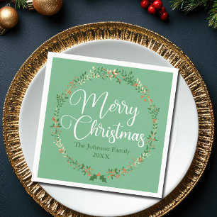 Merry Christmas Pretty Green Wreath Custom Party Napkin