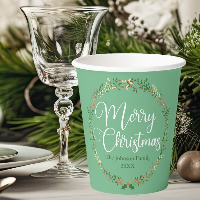 Merry Christmas Pretty Green Wreath Custom Party Paper Cups (Creator Uploaded)