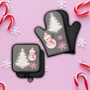 Merry Christmas Pretty in Pink Oven Mitt & Pot Holder Set
