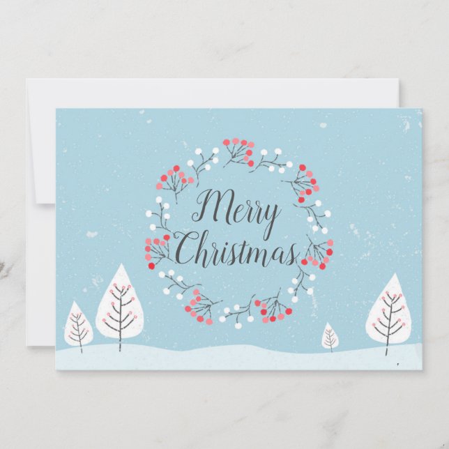 Merry Christmas | Pretty Snow & Berry Wreath Xmas Holiday Card (Front)