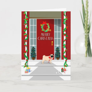 Merry Christmas - Pug Dog at Door - Greeting Card
