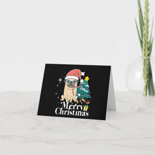 Merry Christmas Pug Dog Christmas Tree Card (Front)
