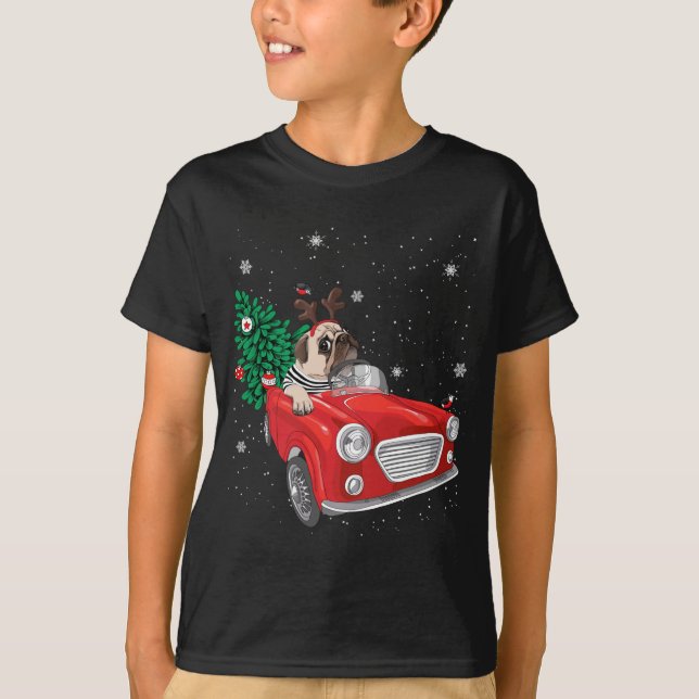 Merry Christmas Pug Dog Red Truck Xmas Tree Lights T-Shirt (Front)
