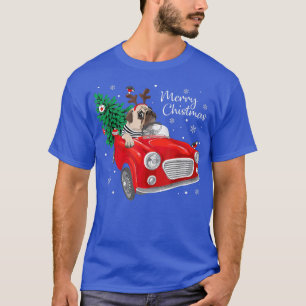 Merry Christmas Pug Dog Reindeer On Red Truck Car T-Shirt