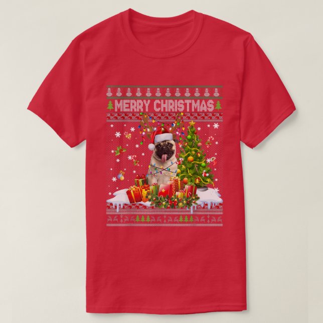 Merry Christmas Pug Dog Santa Xmas Tree Lights Ugl T-Shirt (Design Front)