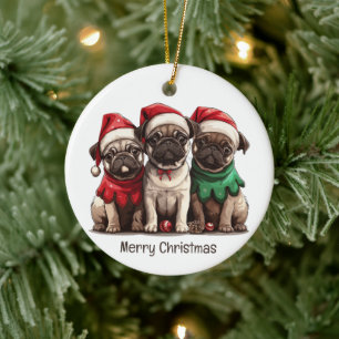 Merry Christmas Pug Dogs Ceramic Tree Decoration