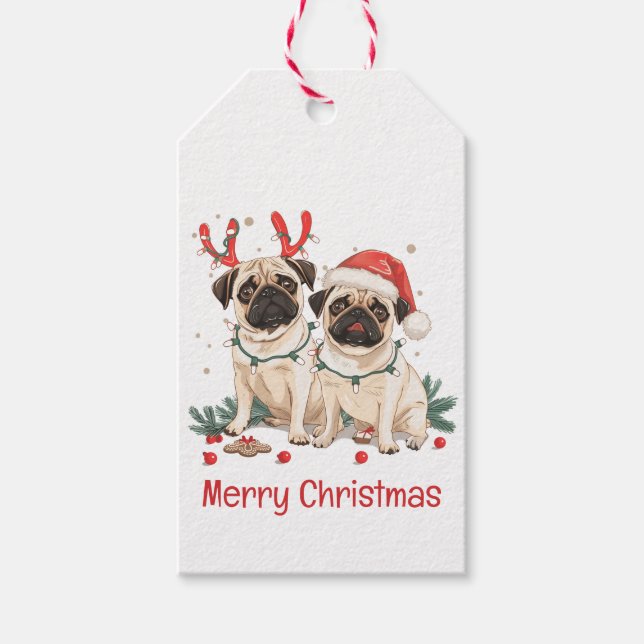 Merry Christmas Pug Dogs Gift Tags (Front)