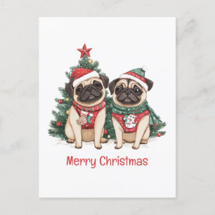 Merry Christmas Pug Dogs Holiday Postcard