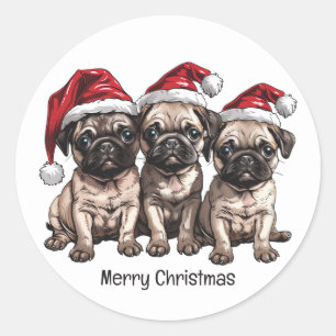 Merry Christmas Pug Dogs Santa Classic Round Sticker