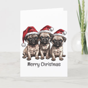 Merry Christmas Pug Dogs Santa Holiday Card
