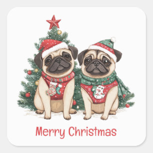 Merry Christmas Pug Dogs Square Sticker