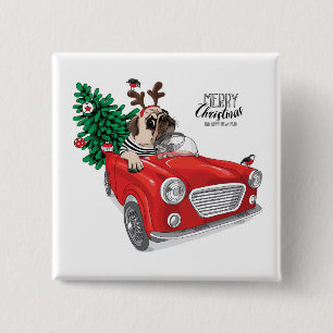 Merry Christmas   Pug Driving Vintage Car 15 Cm Square Badge