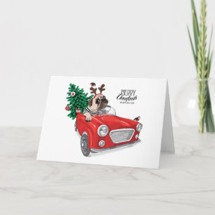 Merry Christmas   Pug Driving Vintage Car Card