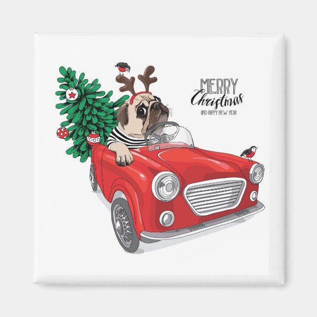 Merry Christmas | Pug Driving Vintage Car Magnet (Front)
