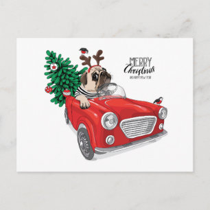 Merry Christmas   Pug Driving Vintage Car Postcard