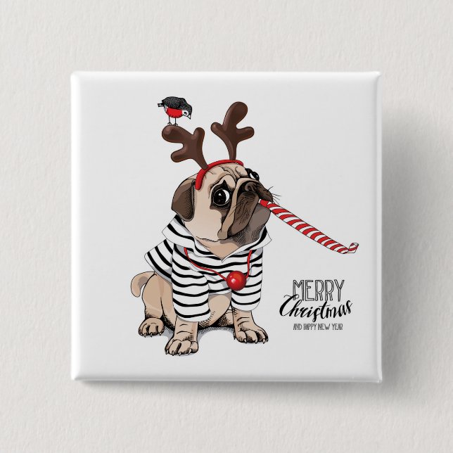 Merry Christmas | Pug Reindeer 15 Cm Square Badge (Front)