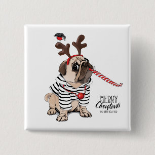 Merry Christmas   Pug Reindeer 15 Cm Square Badge