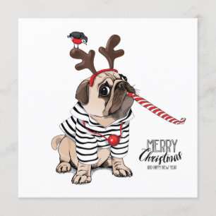 Merry Christmas   Pug Reindeer Invitation