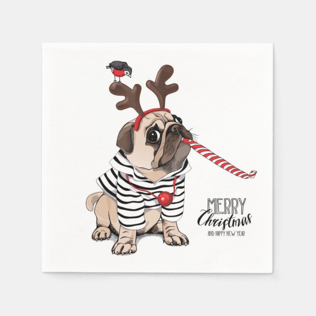 Merry Christmas | Pug Reindeer Napkin (Front)