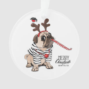 Merry Christmas   Pug Reindeer Ornament