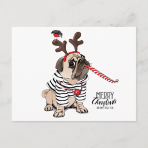 Merry Christmas   Pug Reindeer Postcard