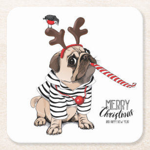 Merry Christmas   Pug Reindeer Square Paper Coaster