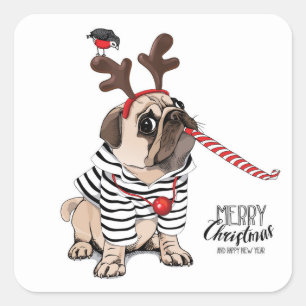 Merry Christmas   Pug Reindeer Square Sticker