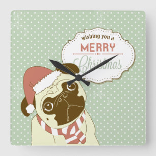 Merry Christmas Pug Square Wall Clock