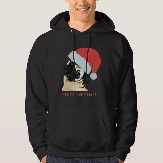 Merry Christmas Pug with Santa Hat Classic T-Shirt Hoodie (Front)