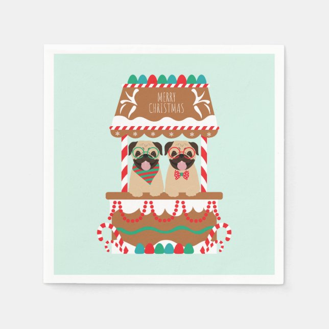 Merry Christmas Pugs Holiday Stand Dogs Napkin (Front)