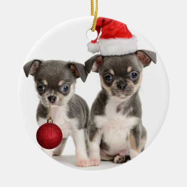 Merry Christmas Puppies Ceramic Tree Decoration (Front)