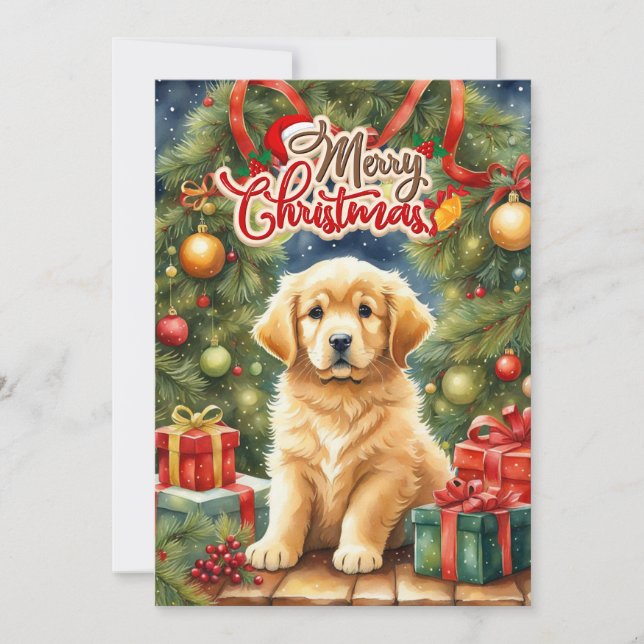 Merry Christmas Puppy and Christmas Tree  Holiday Card (Front)