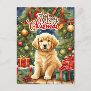 Merry Christmas Puppy and Christmas Tree  Holiday Postcard