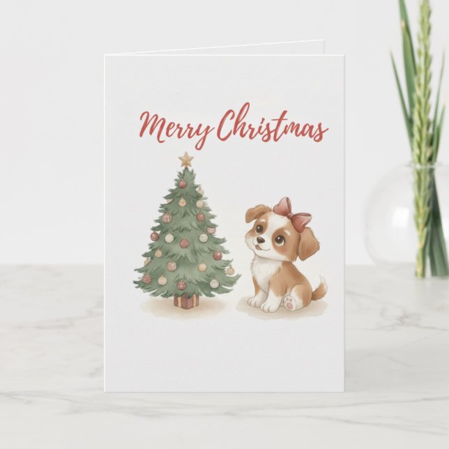 Merry Christmas Puppy Card Cute Dog with Tree (Front)