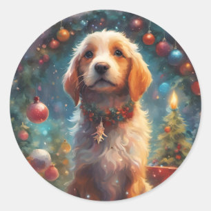 Merry Christmas Puppy Dog, Holiday Pet Classic Round Sticker