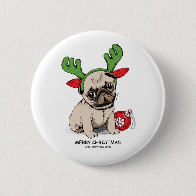 Merry Christmas Puppy Pug 6 Cm Round Badge (Front)