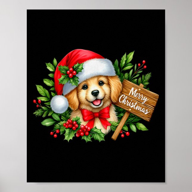 Merry Christmas Puppy Santa Hat Holly Sign Premium (Front)