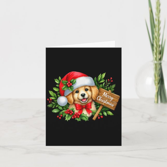 Merry Christmas Puppy Santa Hat Holly Sign Premium Card (Front)