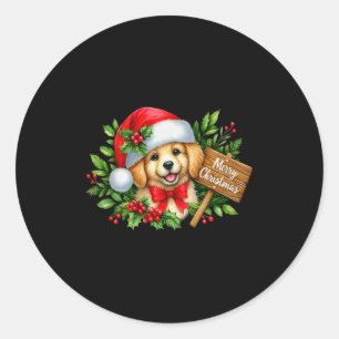 Merry Christmas Puppy Santa Hat Holly Sign Premium Classic Round Sticker