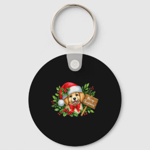 Merry Christmas Puppy Santa Hat Holly Sign Premium Key Ring